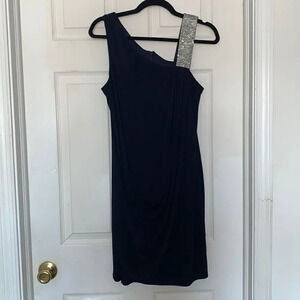 Betsy & Adam Draped Rhinestone Cocktail Dress Blue Silver Size 10